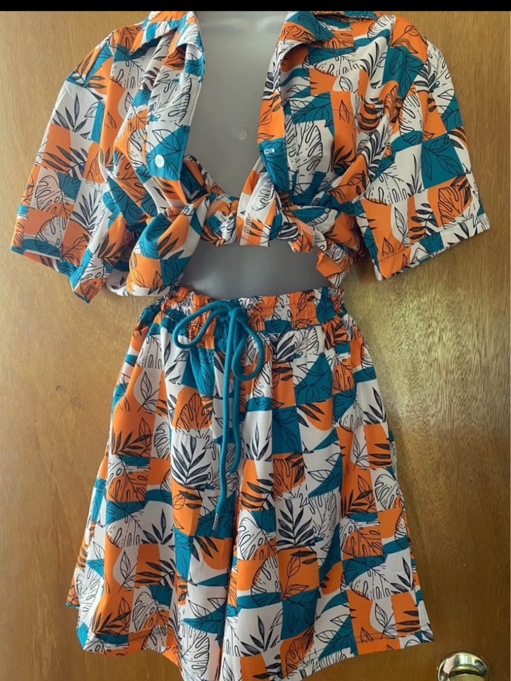 Tie-Front Crop Top in Orange, Teal & White Botanical Print